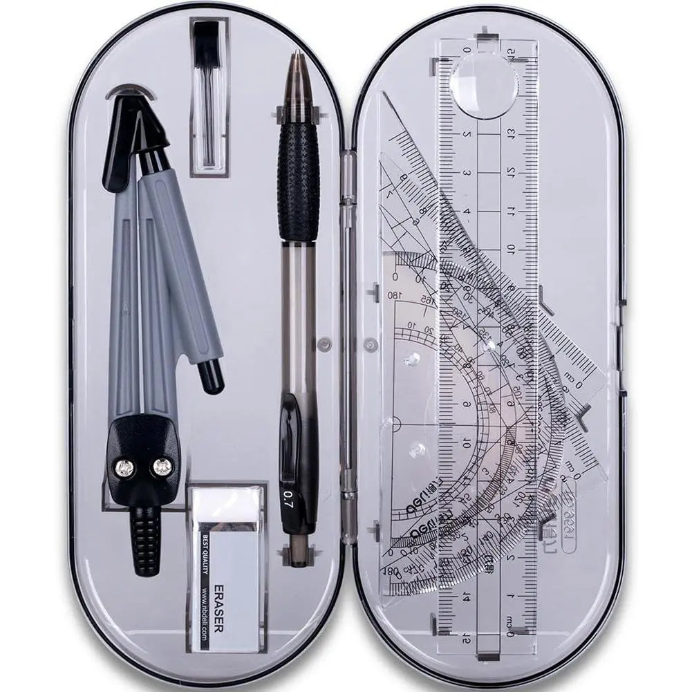 8-Piece Math Geometry Drawing Tools Kit for Students, Office Stationery Measuring Supplies with Shatterproof Box, Pouch, Rulers, Protractor, Compass, Pencil, Eraser for Engineering Drawings