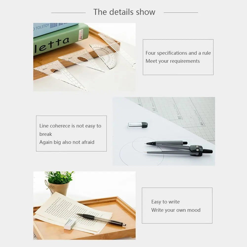 8-Piece Plastic Math Geometry Drawing Tools Kit, Student Office Stationery with Shatterproof Storage Box, Pouch, Rulers, Protractor, Compass, Pencil, Eraser for Engineering Drawings, Students