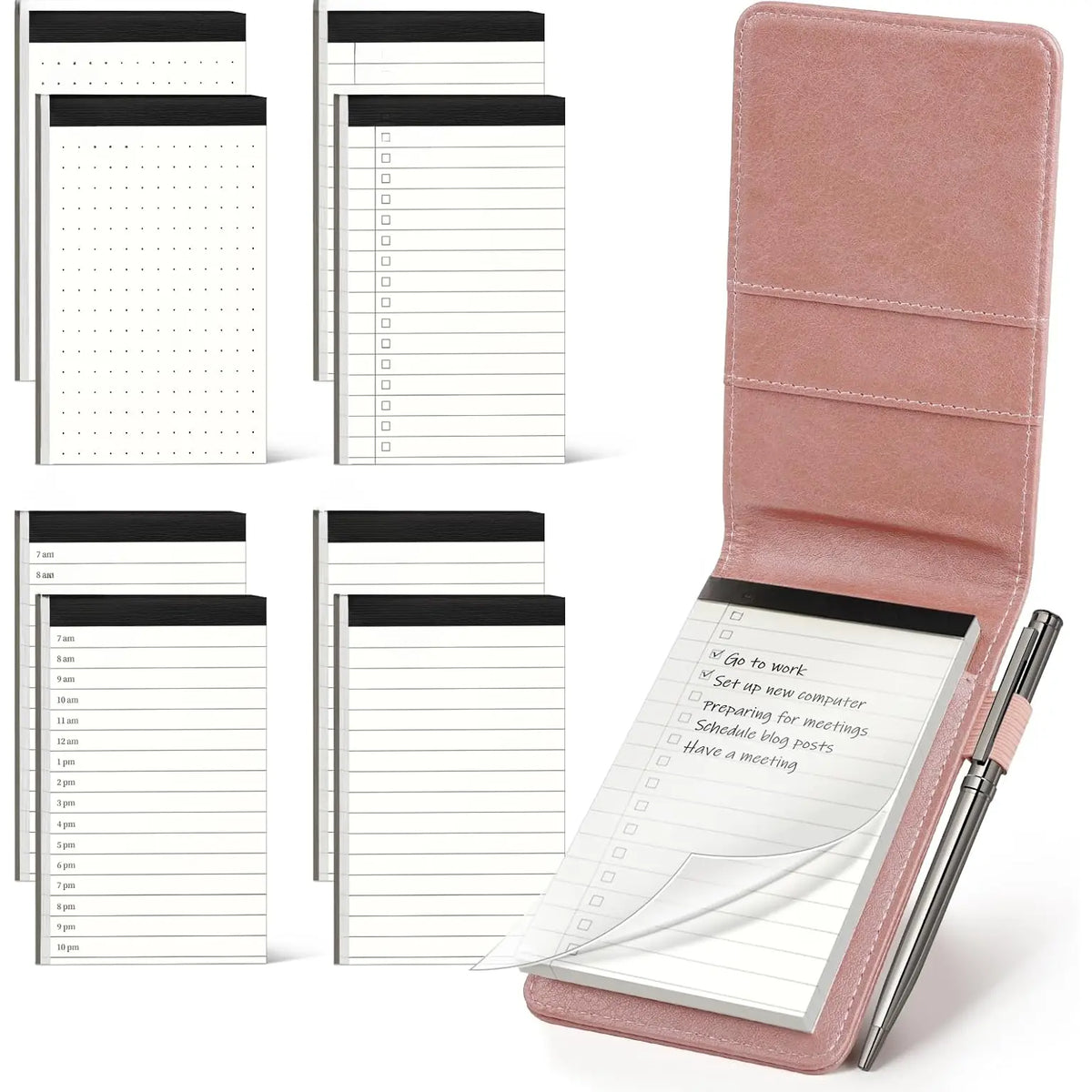 10 count Notepad Holder Set Pocket Notebook - Included Mini Pocket Notepad Holder Set with 8 Memo Book Refills and Metal Pen for Meetings, Daily Records, and Notes 3 x 5 Inch (Brown)