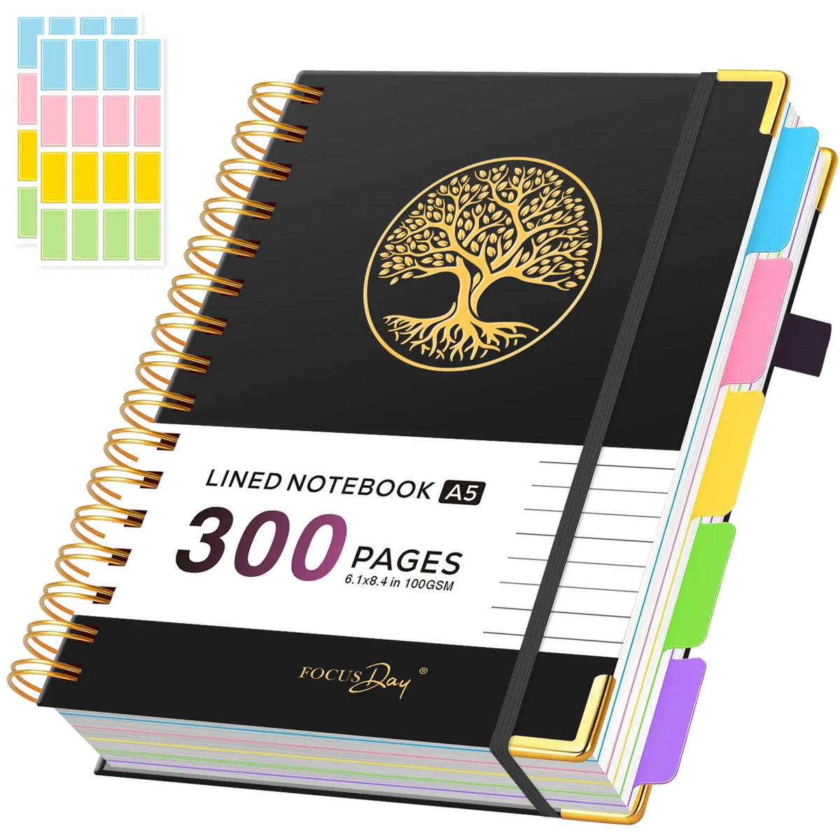 Hardcover Spiral-Bound 5-Subject College Ruled A5 Notebook (6.1in X 8.4in) - 300 Pages Lined Paper, Removable Dividers Tabs, 2 Stickers, Student Stationary College Supplies Aesthetic Notebooks for Back to Class Note Taking,sohochic