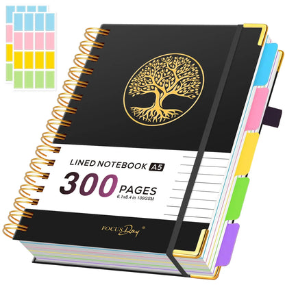 Hardcover Spiral-Bound 5-Subject College Ruled A5 Notebook (6.1in X 8.4in) - 300 Pages Lined Paper, Removable Dividers Tabs, 2 Stickers, Student Stationary College Supplies Aesthetic Notebooks for Back to Class Note Taking,sohochic