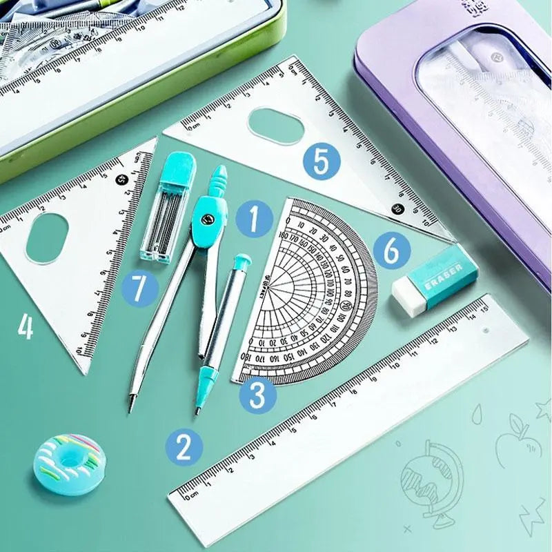 Compass & Ruler Set, Measuring Instrument, 7 Counts/set Including Compass & Measuring Ruler& Eraser & Lead, School Supplies for Students, Office Supplies