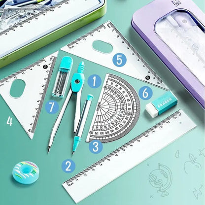Compass & Ruler Set, Measuring Instrument, 7 Counts/set Including Compass & Measuring Ruler& Eraser & Lead, School Supplies for Students, Office Supplies