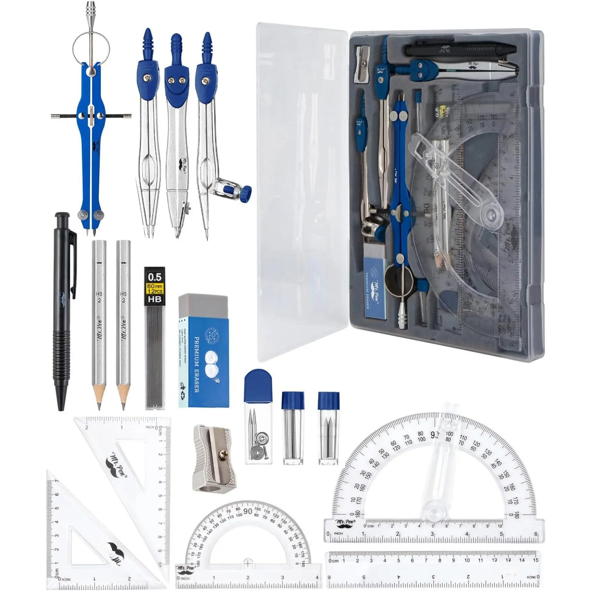- Geometry Set, 15 count Set with 6 Inch Swing Arm Protractor | IncludesMetal Divider, Set Squares, Ruler, Compasses for Math for Drafting & School Supplies