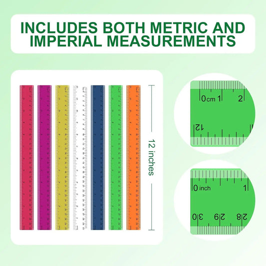 7 Pack 12 Inch Rulers, 30 cm Transparent Rulers, Assorted Color Clear Plastic Rulers with Inches and Centimeters, for Kids School Home and Office Supplies