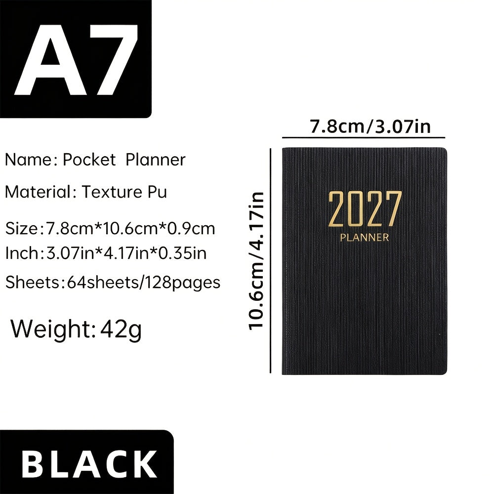 1 A7-sized 2027 English Planner, 64-sheet 128-page Slim Weekly Notebook, 365-day Daily Planner Calendar, A7 Mini Portable Pocket Daily Planner, PU Leather Small Notebook
