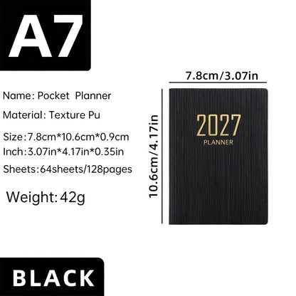 1 A7-sized 2027 English Planner, 64-sheet 128-page Slim Weekly Notebook, 365-day Daily Planner Calendar, A7 Mini Portable Pocket Daily Planner, PU Leather Small Notebook