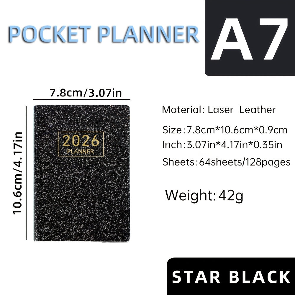 A7 Specification 2026 English Planner, Slim Weekly Planner, Starlight Color Mini Pocket Notebook, Daily Planner with Colorful Laser Cover, A7 Size: 3.07in X 4.17in