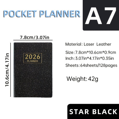 A7 Specification 2026 English Planner, Slim Weekly Planner, Starlight Color Mini Pocket Notebook, Daily Planner with Colorful Laser Cover, A7 Size: 3.07in X 4.17in