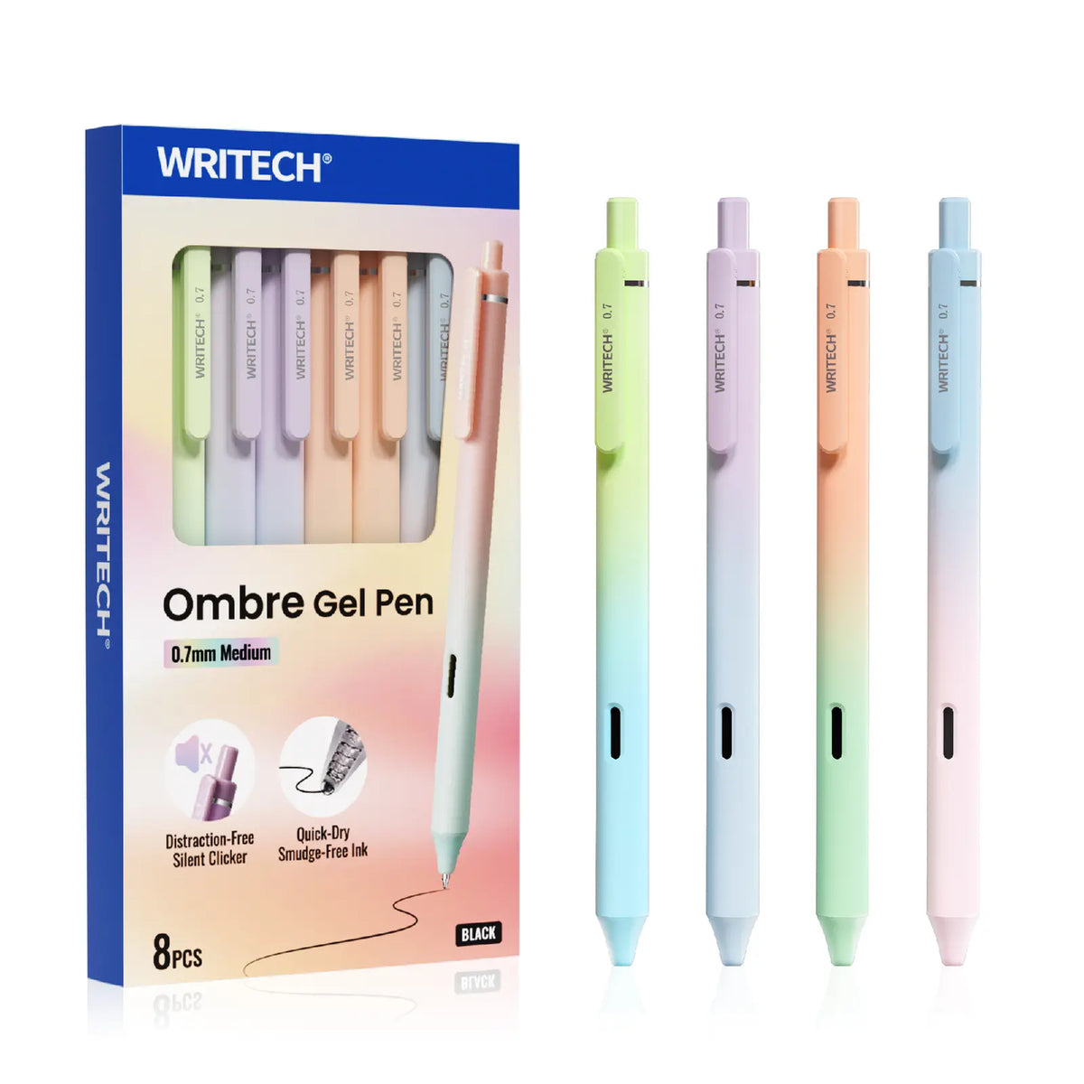 WRITECH Retractable Gel Ink Pens 8ct Black Ink 0.5mm Fine Point Tip Pen with Gradient Color Barrel for Writing and Sketching