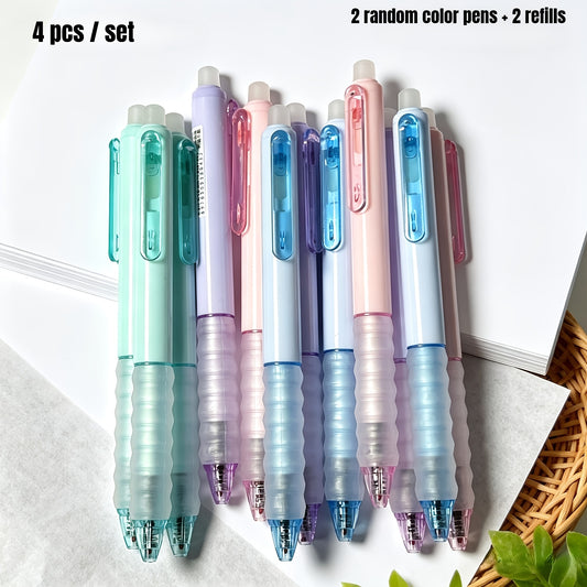 4pcs Set: 2 Pens + 2 Refills in Random Macaron Colors, Cloud-Grip Comfortable Erasable Gel Pens. Retractable Click Mechanism with Blue/Black Ink, Easy to Erase Mistakes, Includes Built-in Eraser. Cloud-Grip Design for Comfortable, Fatigue-Free