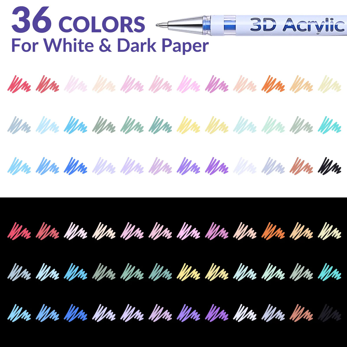 KEMYR 3D Acrylic Gel Pens, 12/24/36/48 Bold Vibrant Ink Colors, 1mm Bullet Tip, Smooth Writing, for Dark Black Paper, Doodle Art, Greeting Card Crafting, Sketchbook Ideas, Fabric, Leather, Office Art Supplies