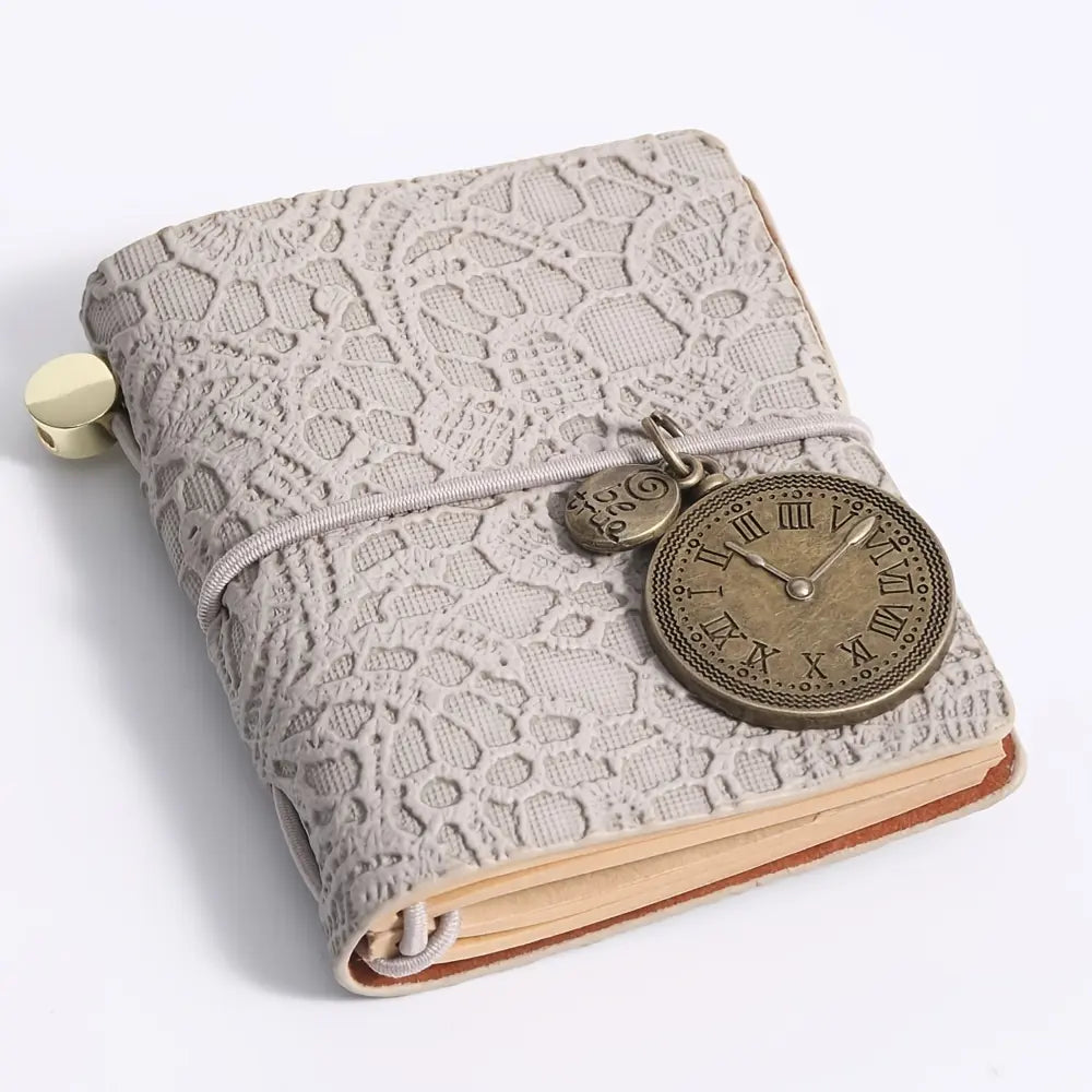 Retro Embossed Leather Journal – Mini Notebook with Metal Clock Charm and Strap Closure