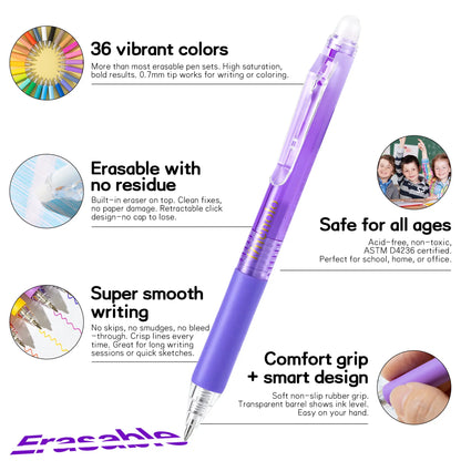 FINENOLO Retractable Erasable Gel Pens Set - 12/24/36 Colors, 0.7mm Medium Point Smooth Clicker with Eraser, Non-Toxic Acid-Free, for Note Taking, School Supplies, Back to School Shopping Arts & Crafts Gift, Backtoschoolshopping