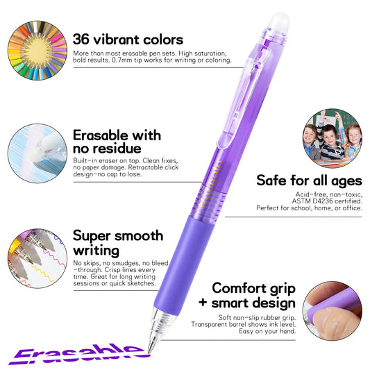 FINENOLO Retractable Erasable Gel Pens Set - 12/24/36 Colors, 0.7mm Medium Point Smooth Clicker with Eraser, Non-Toxic Acid-Free, for Note Taking, School Supplies, Back to School Shopping Arts & Crafts Gift, Backtoschoolshopping