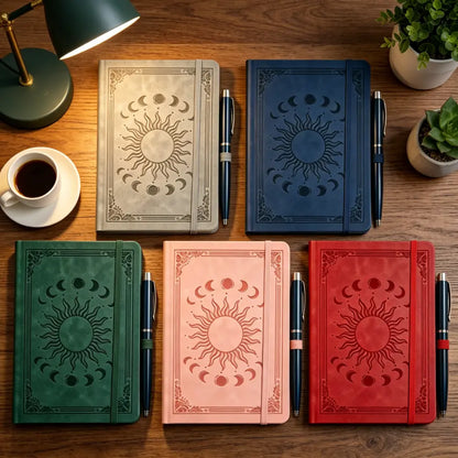 5pcs Horizontal Notebook With 5 Pens - Academic Notebook, Retro Embossed PU Leather Hard Shell Ledger, 160 Page Aesthetic Diary, A5 Hard Shell Administrative Notebook, Stationery Notebook, Memo Pad, Suitable For Students And Office Workers