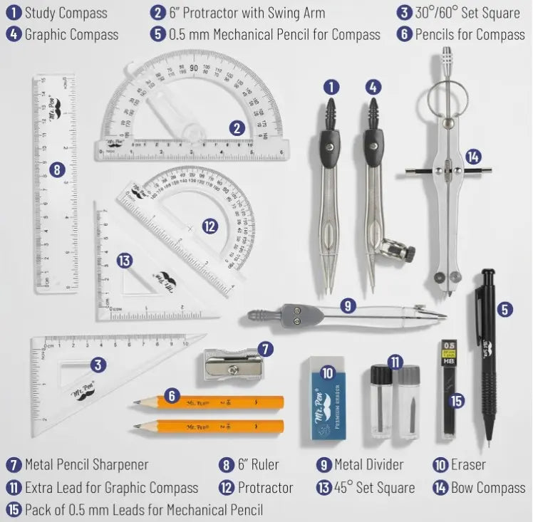 Mr. Pen- Geometry Set, 15 Piece Set with 6 Inch Swing Arm Protractor | IncludesMetal Divider, Set Squares, Ruler, Compasses for Math for Drafting & School Supplies