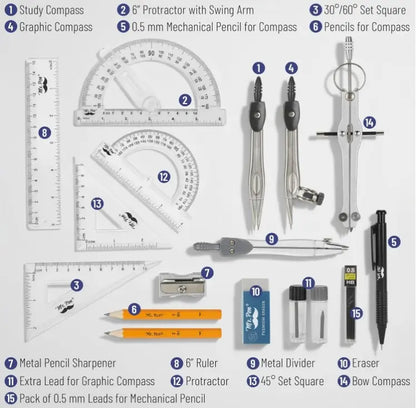 Mr. Pen- Geometry Set, 15 Piece Set with 6 Inch Swing Arm Protractor | IncludesMetal Divider, Set Squares, Ruler, Compasses for Math for Drafting & School Supplies
