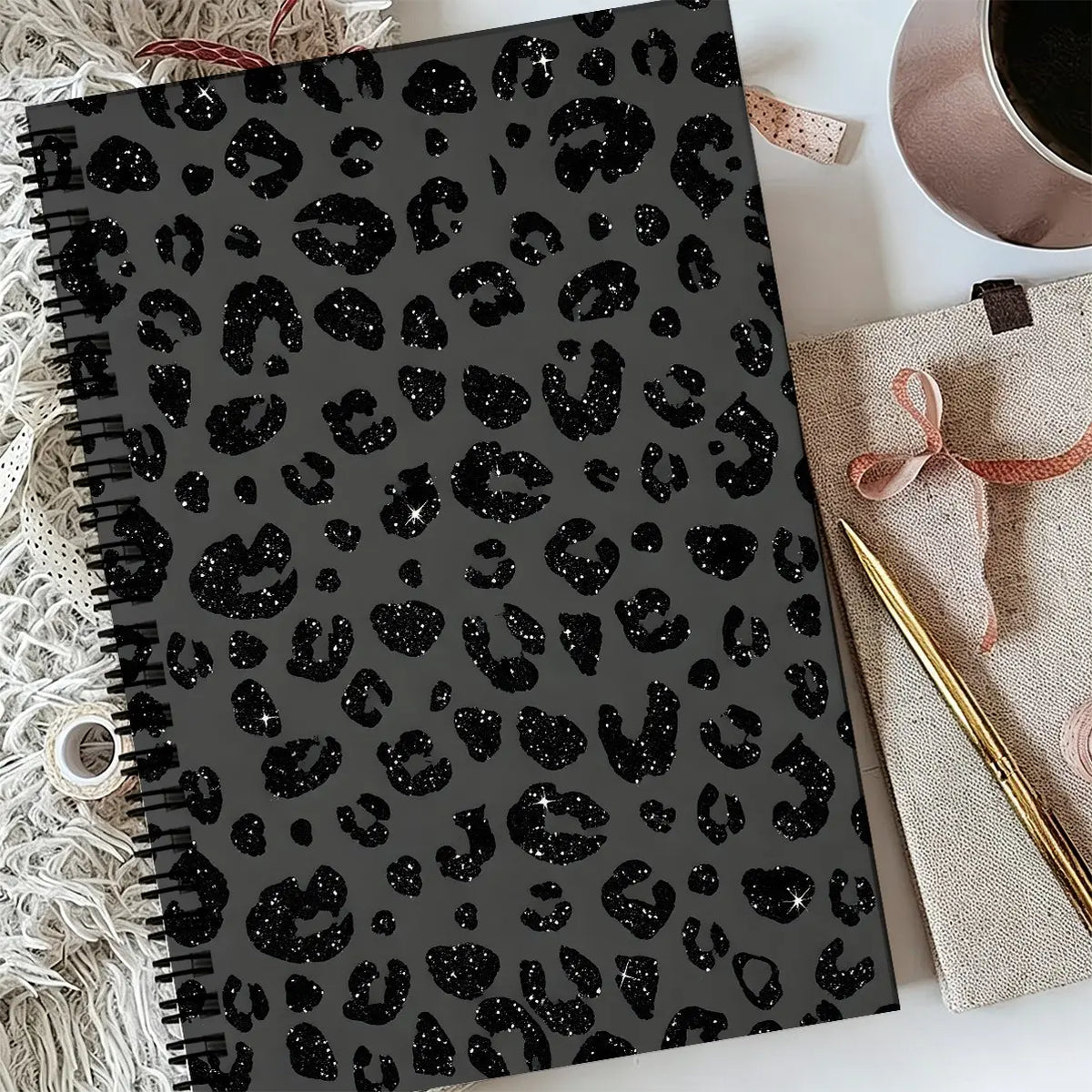 Gold Leopard Print Spiral Notebook, Dual Spiral Binding, 60 Pages Lined Blank, Ideal for Daily Inspiration, Planning, Study Notes, Spiral Bound Notebook
