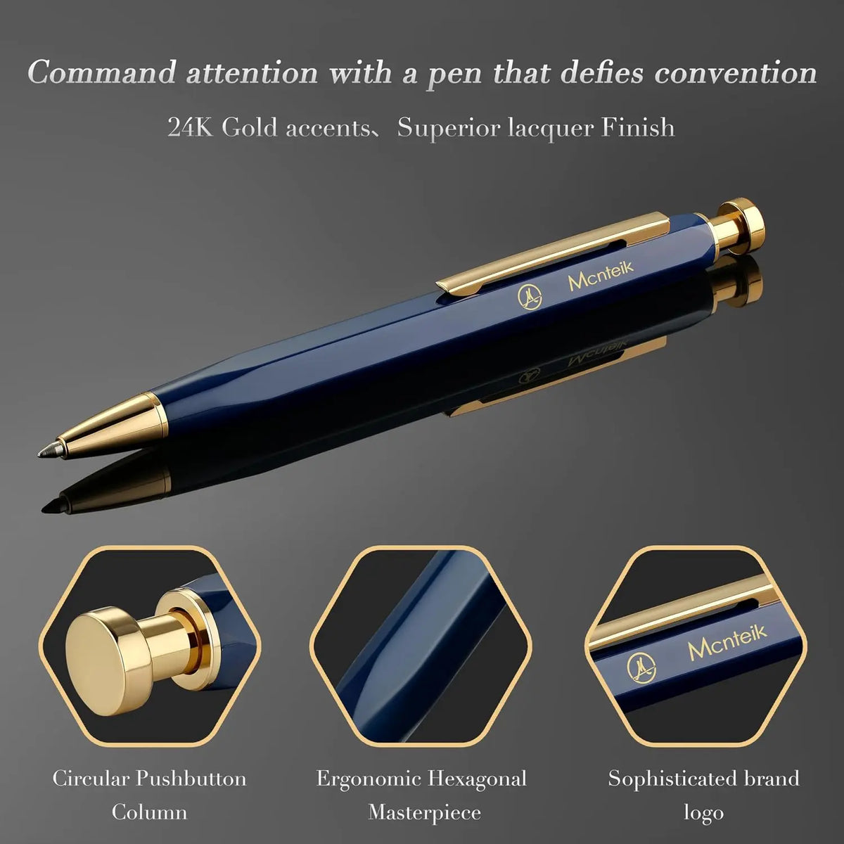 Blue Gel Pen-Stunning Click Pen with 24K  Finish, Hexagonal Design, ADMOK Black Refill,   Set for Men & Women, Professional Executive Office, Nice Fancy Retractable Pens
