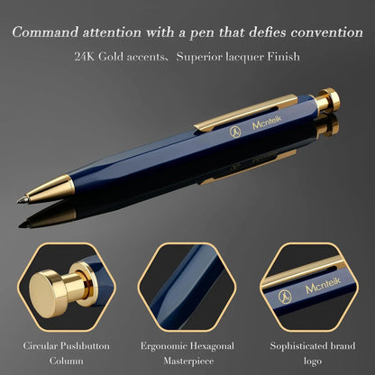 Blue Gel Pen-Stunning Click Pen with 24K  Finish, Hexagonal Design, ADMOK Black Refill,   Set for Men & Women, Professional Executive Office, Nice Fancy Retractable Pens
