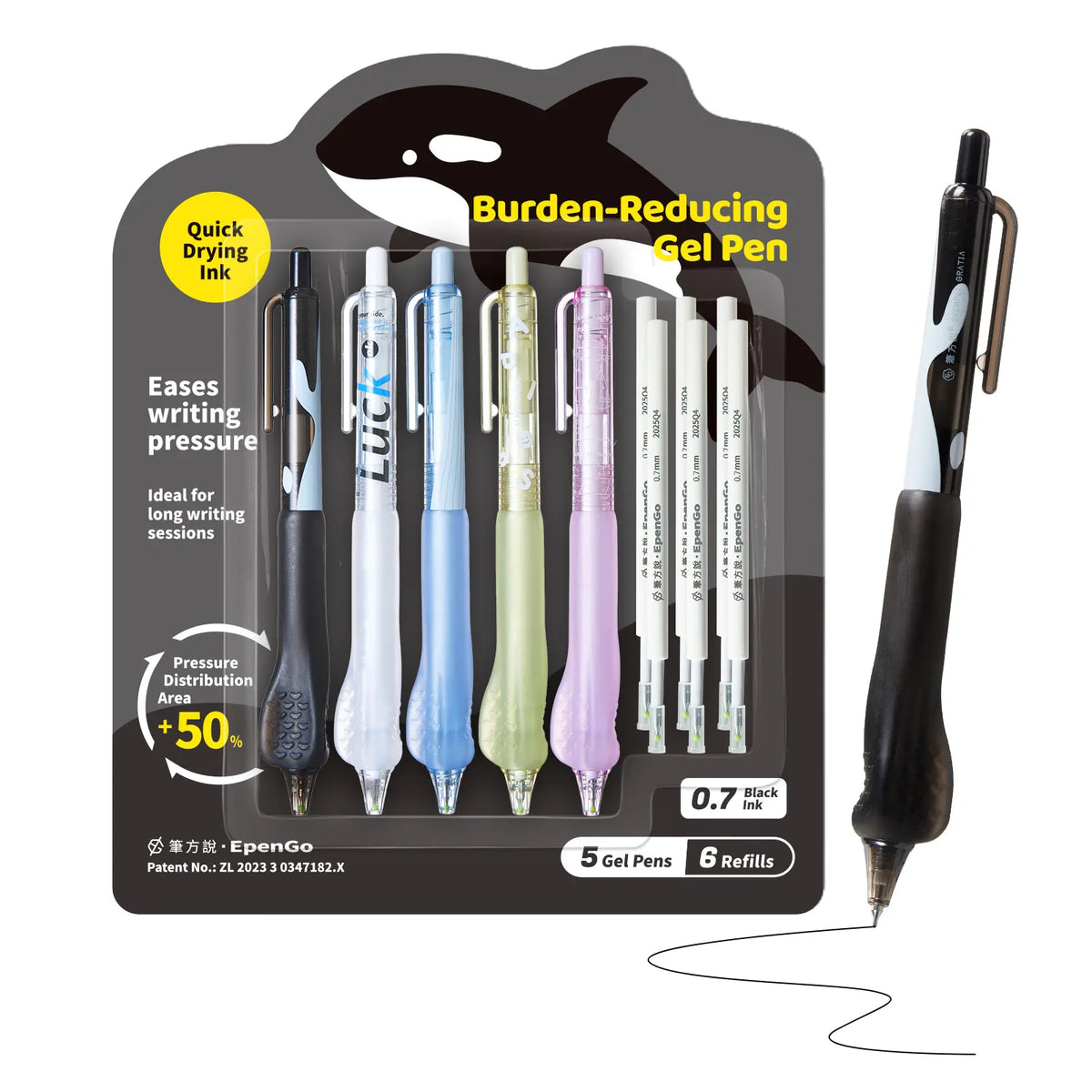 EpenGo Smooth Writing Gel Pens - 5-Pack + 6 Refills Whale Shape Retractable Click Design, 0.5mm/0.7mm Fine Point Black Ink, Ergonomic Soft Grip, Office Stationery, Desk Accessories, Back to School Haul Supplies, School Supplies College for Students