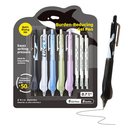 EpenGo Smooth Writing Gel Pens - 5-Pack + 6 Refills Whale Shape Retractable Click Design, 0.5mm/0.7mm Fine Point Black Ink, Ergonomic Soft Grip, Office Stationery, Desk Accessories, Back to School Haul Supplies, School Supplies College for Students