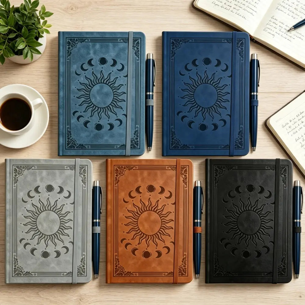 5pcs Horizontal Notebook With 5 Pens - Academic Notebook, Retro Embossed PU Leather Hard Shell Ledger, 160 Page Aesthetic Diary, A5 Hard Shell Administrative Notebook, Stationery Notebook, Memo Pad, Suitable For Students And Office Workers