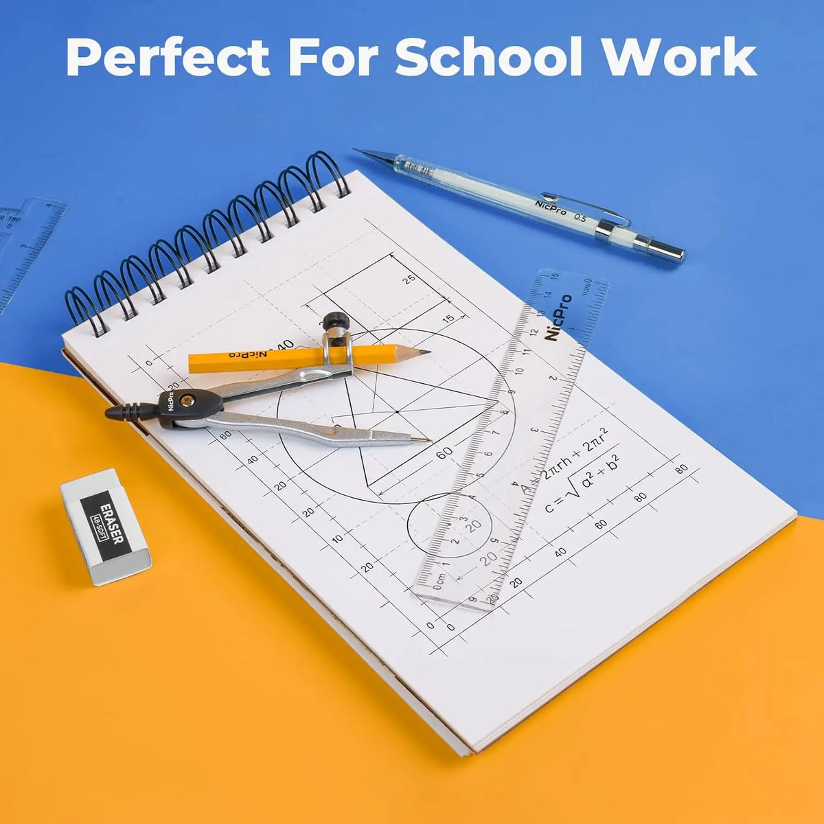 22 PCS Geometry Tool Set with Case, Office & School Drafting Supplies for Students - Includes Swing Arm Protractor, Rulers, Metal Compass, Square Set, Mechanical Pencil