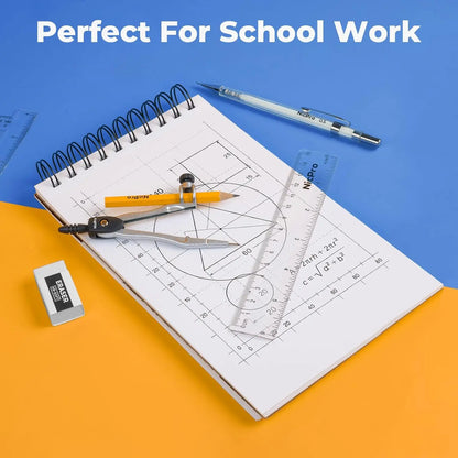 22 PCS Geometry Tool Set with Case, Office & School Drafting Supplies for Students - Includes Swing Arm Protractor, Rulers, Metal Compass, Square Set, Mechanical Pencil