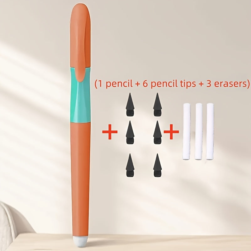 10pcs/Set (1pc Pencil And 6pcs Lead And 3pcs Erasers), Durable Non-Sharpening Pencil, Built-In Eraser - Visually Appealing, Ideal for Drawing And Writing, Back-To-School Supplies