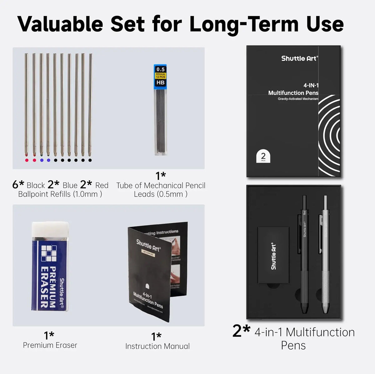 Shuttle Art 4 in 1 Gravity-Activated Multicolor Pen, 2 Pack Retractable Ballpoint Pens with 1.0mm Black Blue Red Ink and 0.5mm Mechanical Pencil, Multifunction Pens Fresh Style Gift Set for Writing School Office Home,back to school,back to school shopping