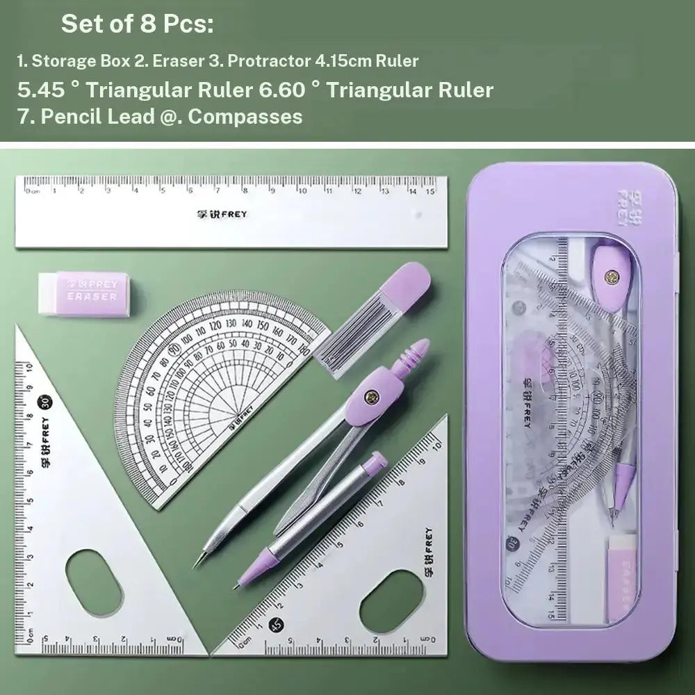 7pcs Compass Ruler Set, Measuring Instrument for Elementary and Middle School Students, Exam Essential Tools, Includes Protractor Straightedge Triangle Board