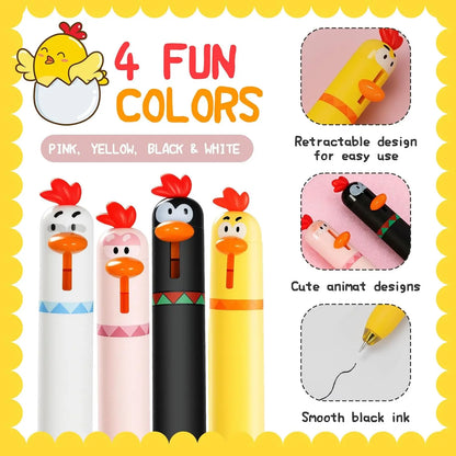 12 count Funny Chicken Retractable Gel Pens Cute Novelty Pens with Beak Click, 0.5mm Fine Point Black Ink, Cartoon Writing Pens for Students, Office, School, Gifts (Chicken, 12)