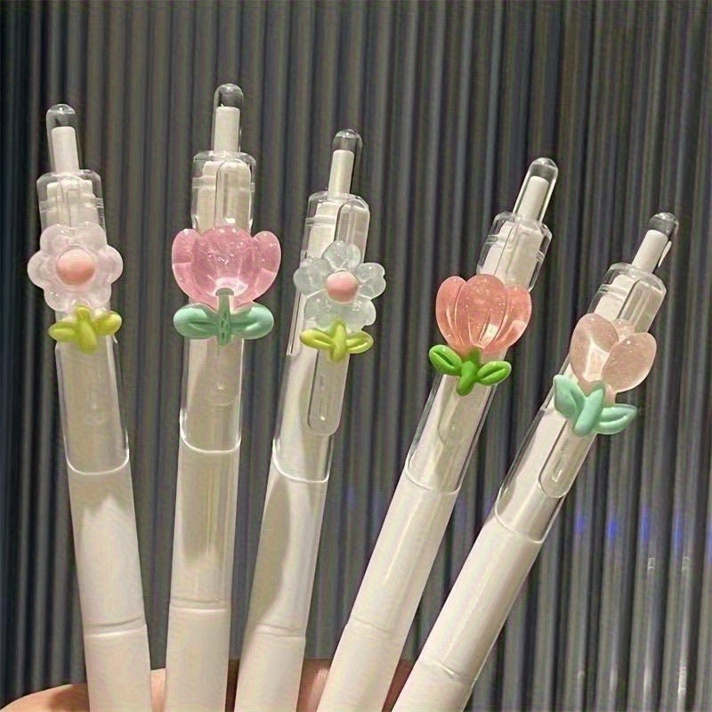 Floral Pattern Click Gel Pens, Quick-Drying Black Ink 0.5mm Fine Tip, Smooth Writing, Suitable for Journaling and Drawing, 4 pcs, Random Patterns, Back-to-School Essential
