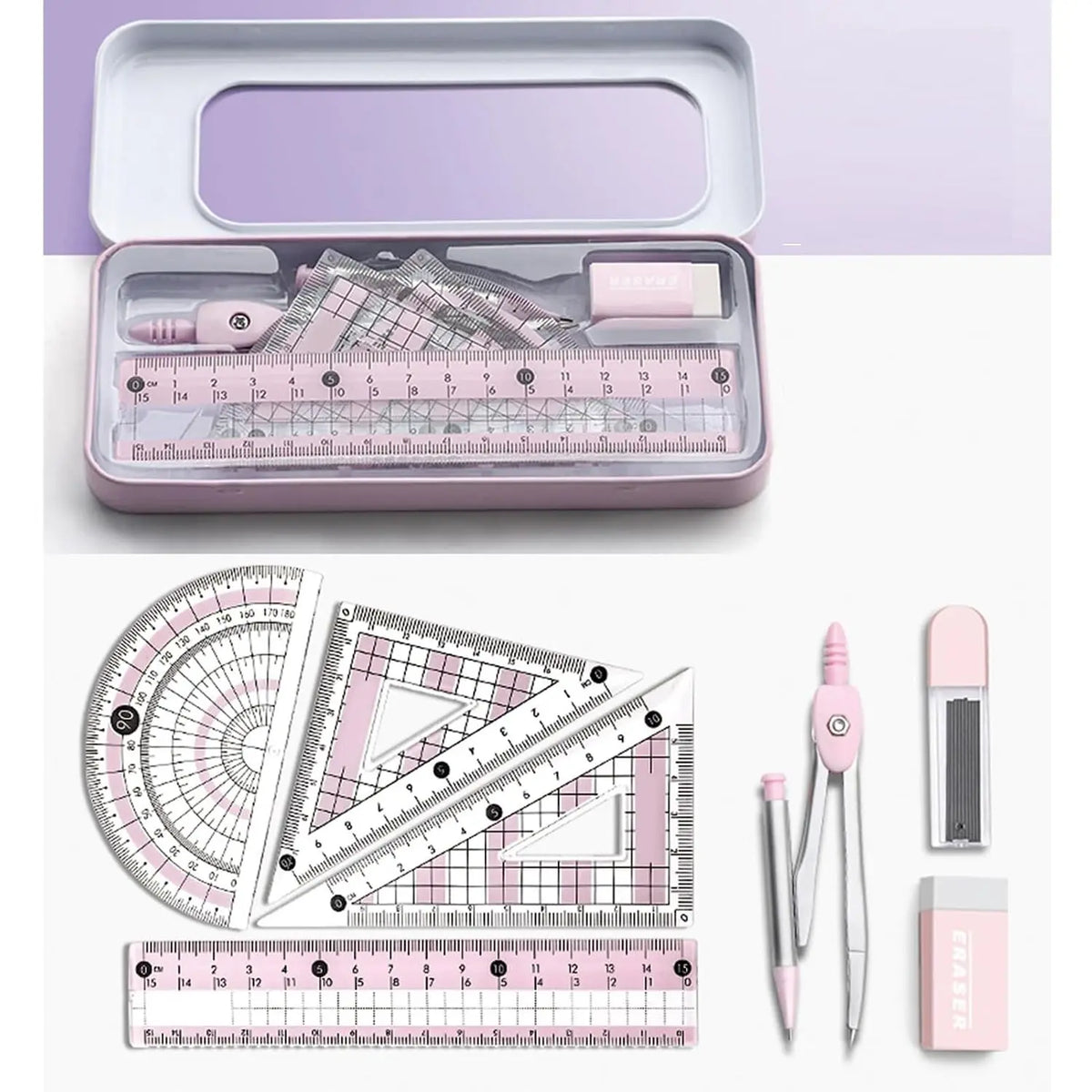 8 Pcs Pink Geometry Set Cute Compass Set with Maths Protractor Rulers, Math Set for Drawing Measuring Tools, Kawaii Ruler Kit for Class Women Girls School Supplies (Pink)