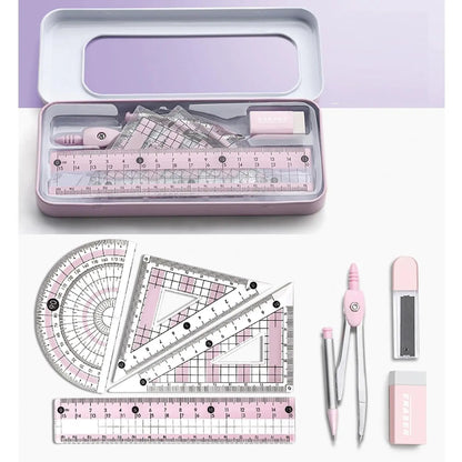 8 Pcs Pink Geometry Set Cute Compass Set with Maths Protractor Rulers, Math Set for Drawing Measuring Tools, Kawaii Ruler Kit for Class Women Girls School Supplies (Pink)