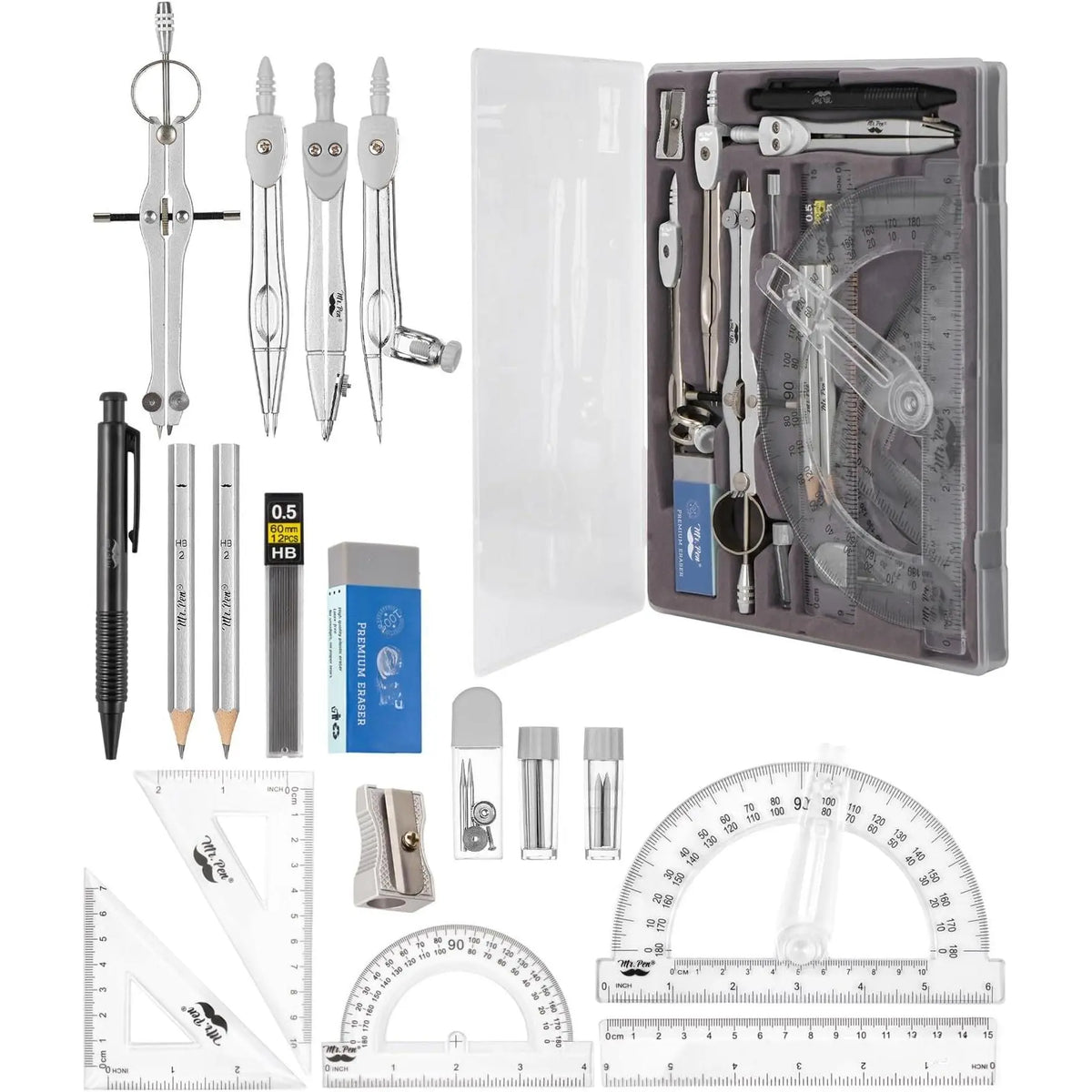 - Geometry Set, 15 count Set with 6 Inch Swing Arm Protractor | IncludesMetal Divider, Set Squares, Ruler, Compasses for Math for Drafting & School Supplies