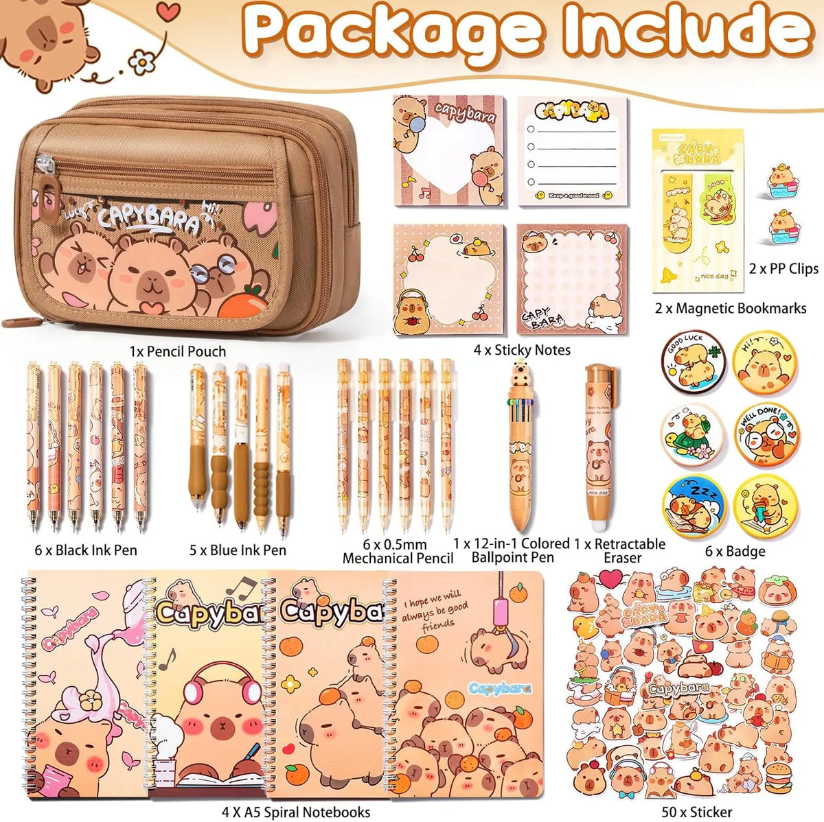 36PCS Lightweight Adorable Capybara Stationery Set - Kawaii College School Supplies, Back to School Stuff with Pencil Case, Gel Pens, Mechanical Pencils, Stickers, Pins, Notebooks, Sticky Notes - Office Accessories, Teen Girl Gifts,back to school shopping