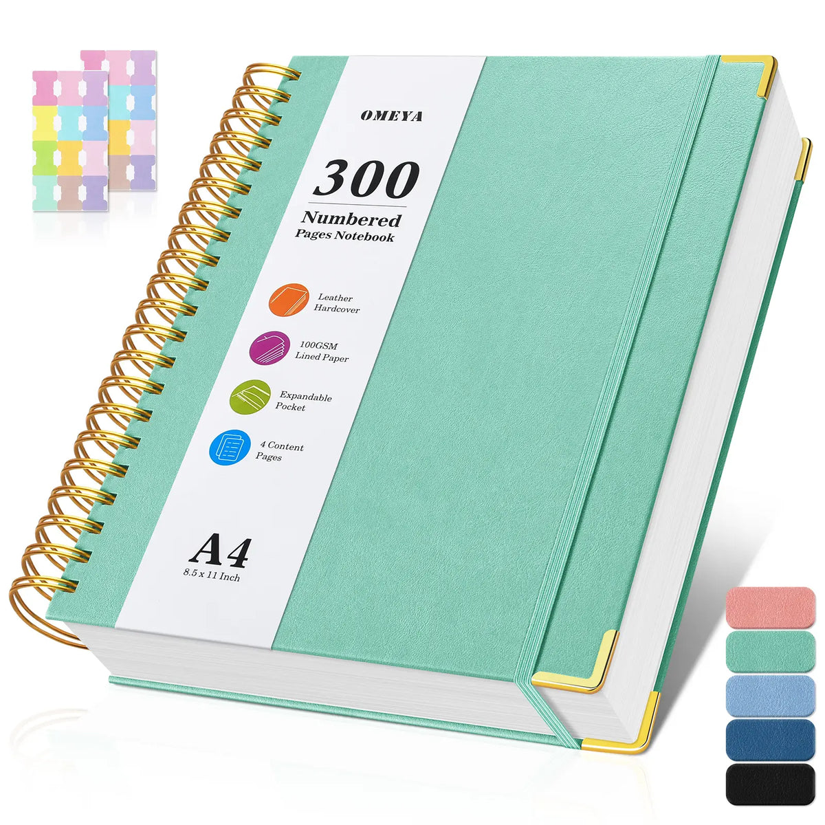 OMEYA Premium Leather Hardcover Notes Notebook, A4/A5 Stationery Supplies with Index Tabs, 300 Numbered 100GSM No-Bleed Thick Lined Pages, Twin-Wire Lay Flat Journal with Content Pages for Work, Study, College School Supplies, Back To School Haul, Cute Sc