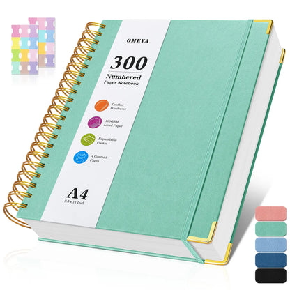 OMEYA Premium Leather Hardcover Notes Notebook, A4/A5 Stationery Supplies with Index Tabs, 300 Numbered 100GSM No-Bleed Thick Lined Pages, Twin-Wire Lay Flat Journal with Content Pages for Work, Study, College School Supplies, Back To School Haul, Cute Sc