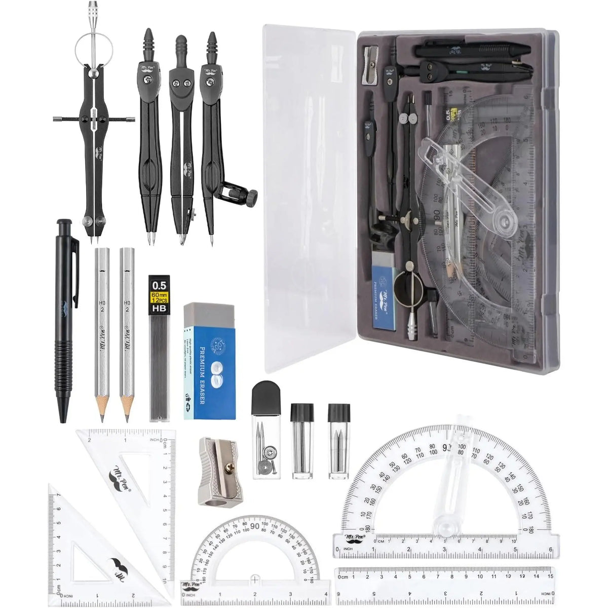 - Geometry Set, 15 count Set with 6 Inch Swing Arm Protractor | IncludesMetal Divider, Set Squares, Ruler, Compasses for Math for Drafting & School Supplies