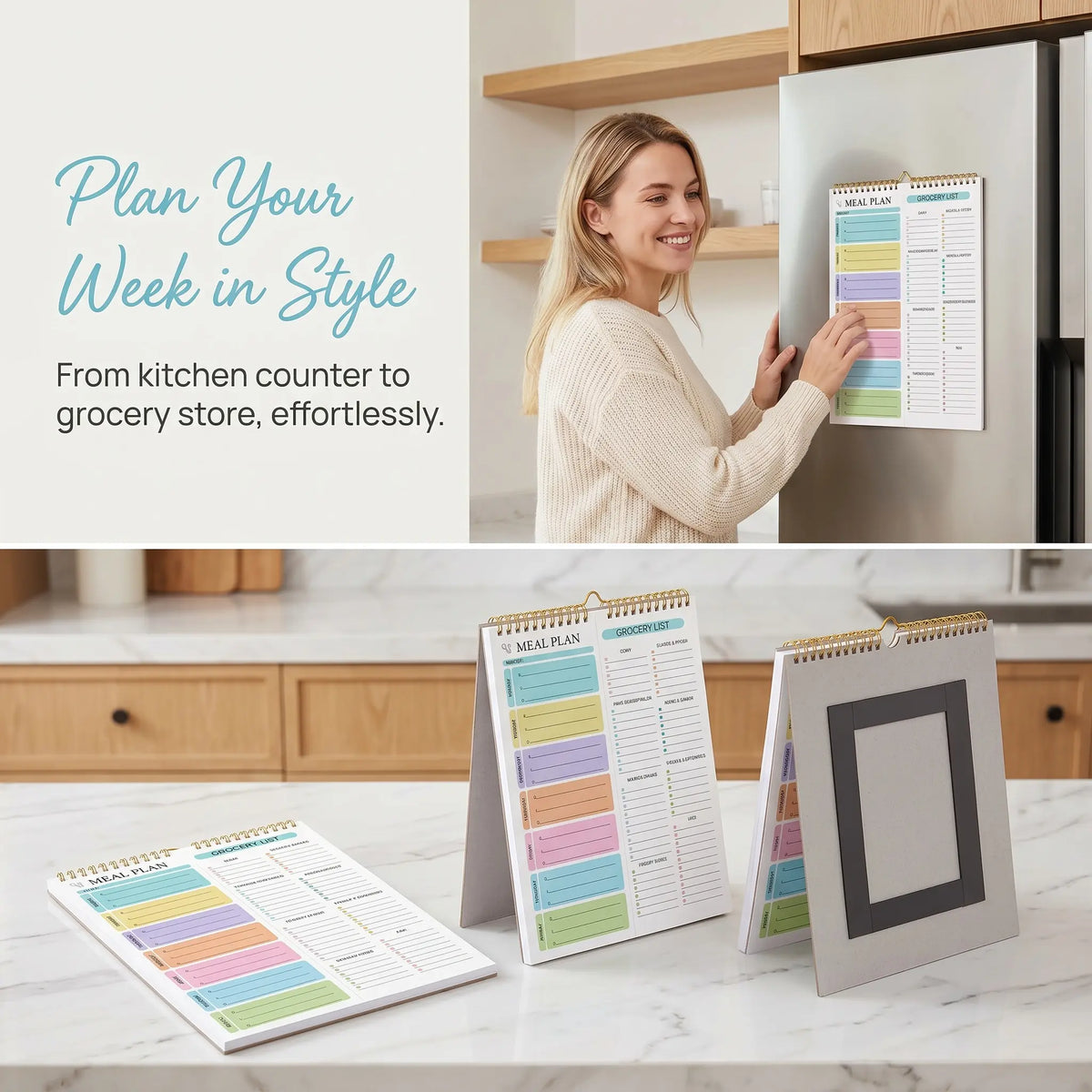 Magnetic Meal Planner Notebook - Wall-Mountable, 52 Sheets, 52 Writing Pages, Double Spiral Binding, Monthly Weekly Planner, Grocery List Notepad, Household Food Arrangement Organizer, MM1 Model (Office Stationery),sohochic