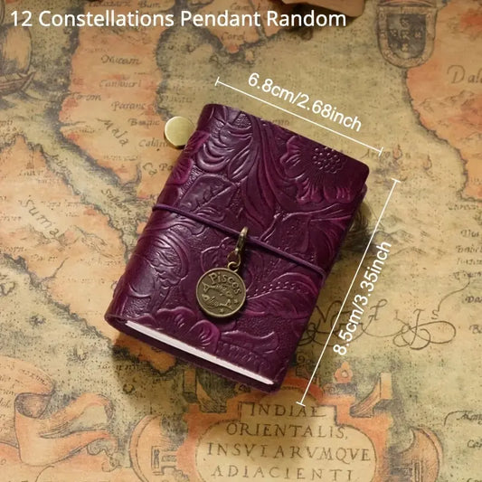 Get Your Life Organized On-The-Go: Mini Vintage Refillable Loose Leaf Notebook with Carving Flower And Constellation Pendant, Genuine Leather Pocket for Travelers (1pc Constellation Pendant Decor Random)