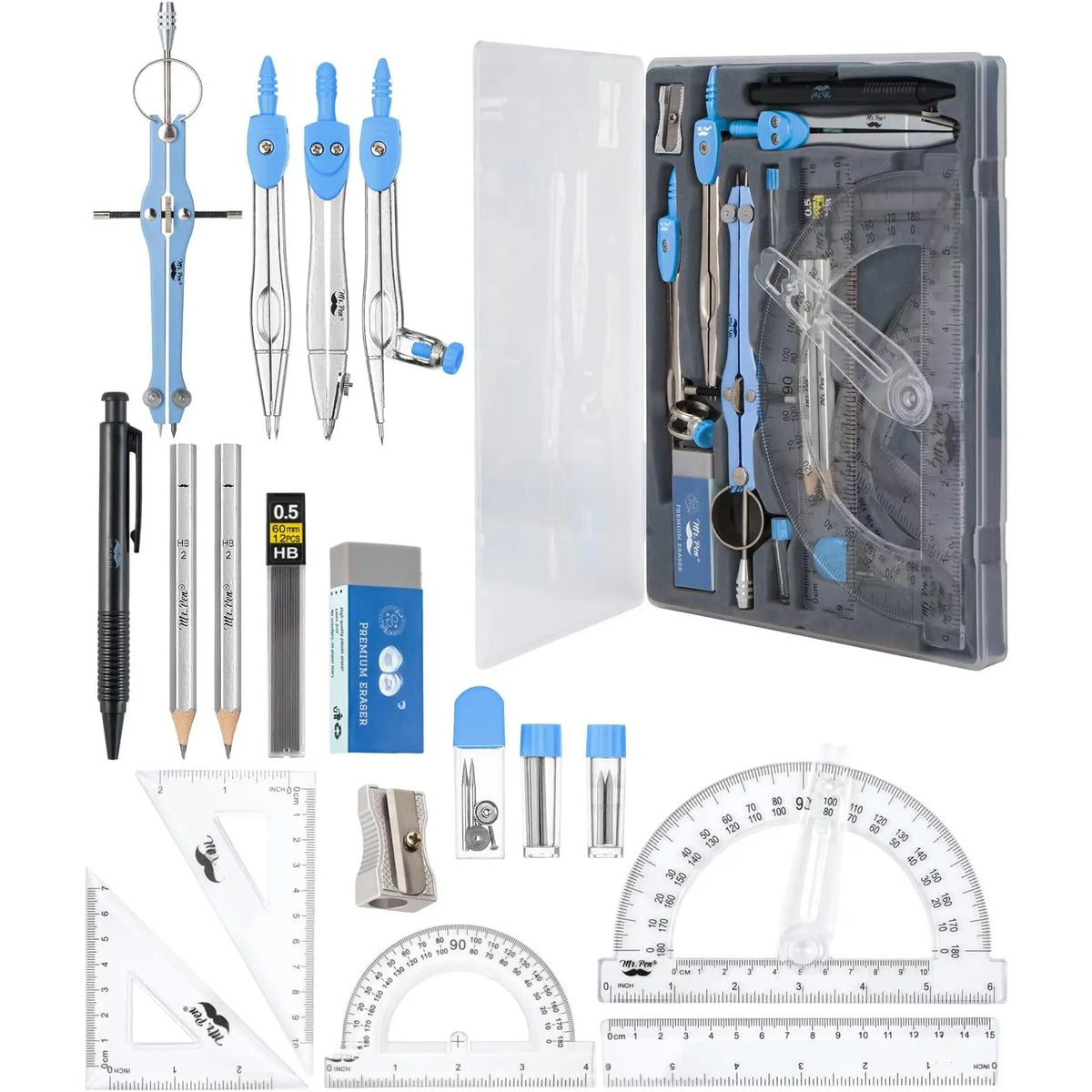 - Geometry Set, 15 count Set with 6 Inch Swing Arm Protractor | IncludesMetal Divider, Set Squares, Ruler, Compasses for Math for Drafting & School Supplies