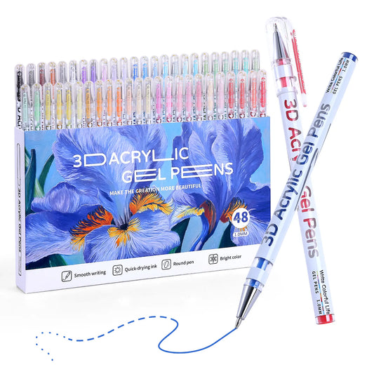 KEMYR 3D Acrylic Gel Pens, 12/24/36/48 Bold Vibrant Ink Colors, 1mm Bullet Tip, Smooth Writing, for Dark Black Paper, Doodle Art, Greeting Card Crafting, Sketchbook Ideas, Fabric, Leather, Office Art Supplies