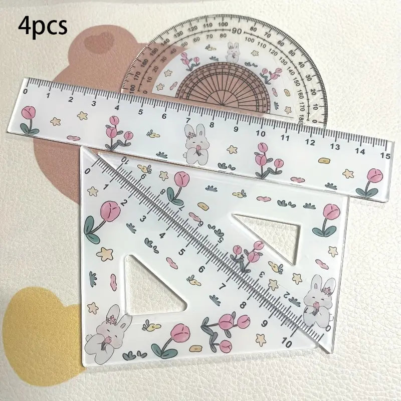 4/8pcs Cute Rabbit Tulip Pattern Ruler Set, 1 Set Ruler, Testing Drawing 4pcs Set Ruler, Ruler And Triangle, Cute Rabbit Tulip Ruler Stationery