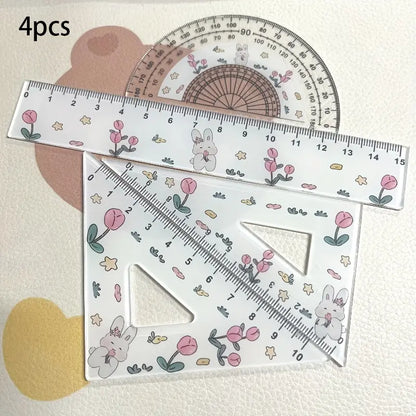 4/8pcs Cute Rabbit Tulip Pattern Ruler Set, 1 Set Ruler, Testing Drawing 4pcs Set Ruler, Ruler And Triangle, Cute Rabbit Tulip Ruler Stationery