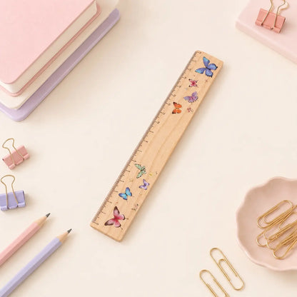 18cm Wooden Ruler with Colorful Printed Designs, Straight Measuring Tool, Measuring Instrument with Butterfly and School Supply Patterns, Portable Metric Ruler for Students, Classroom, Office, Drawing, Study, Back to School and Stationery Gifts