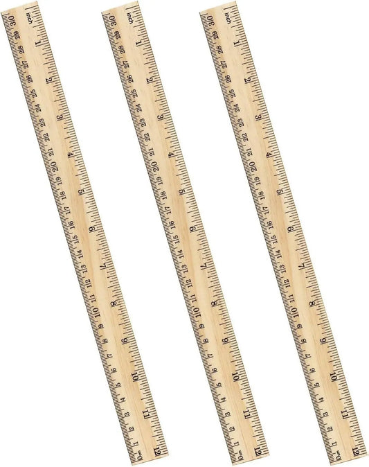 3-Pack 12-Inch (30cm) Wooden Ruler, 2-Scale Measuring Instrument for Elementary School Students, Office Stationery Supplies